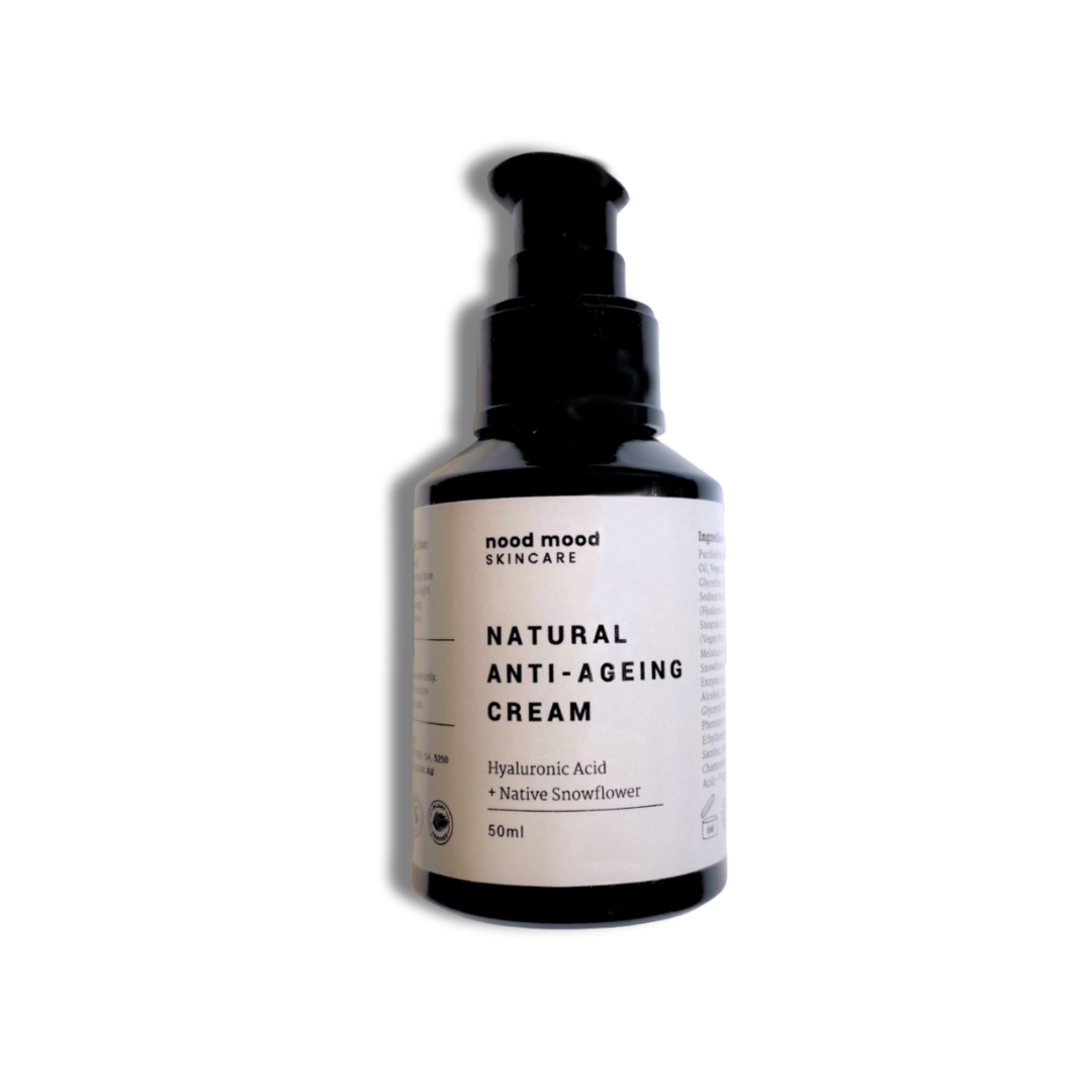 Bottle of nood mood skincare natural anti-ageing cream with pump on a white background