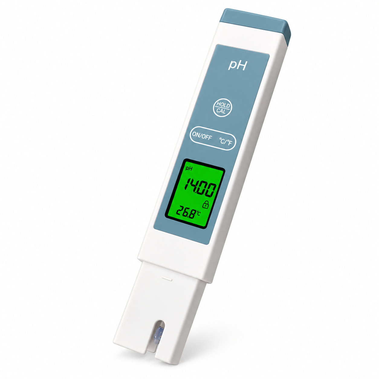 A digital pH meter with a white body, a light blue faceplate and top button, and a bright green LCD screen showing a pH reading of 14.00 and a temperature of 26.