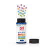 A bottle of ABEST pH Test Strip Universal pH 0 - pH 14 test strips with several colorful strips fanned out from the top, shown with its black cap off beside it on a white background.