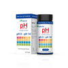 Surest pH Test Strip box and bottle packaging on a clean white background. The packaging features a white base with a black cap, blue text, and a multicolor pH color chart grid on the front.