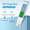 A digital pH test pen shown on a light blue background with marketing text and feature icons. The pen is white with a light blue top section and a green display screen showing pH 14.